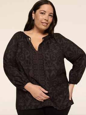 Lane Bryant 14/16 Black Patterned Peasant Blouse with Tie Neck